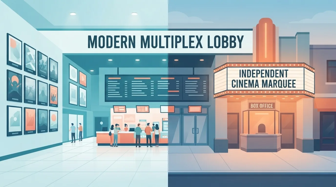 Comparación entre el vestíbulo de un gran multicine y la fachada de un cine independiente