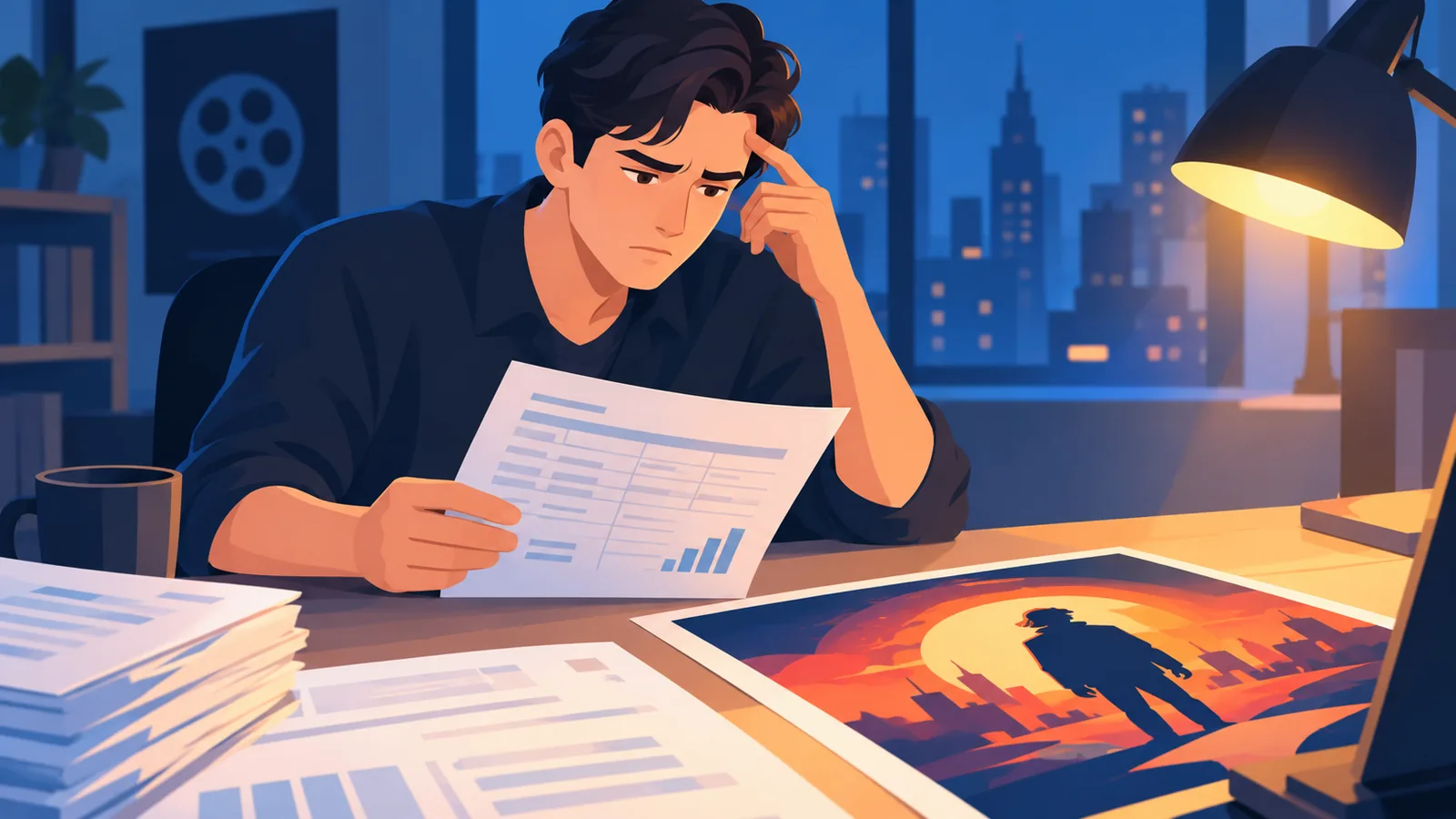 Productor de cine revisando el presupuesto de una película en su despacho