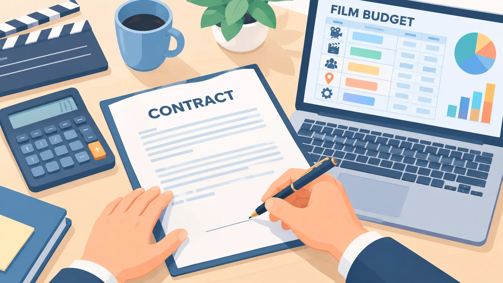 Manos de un productor firmando un contrato junto al presupuesto de la película