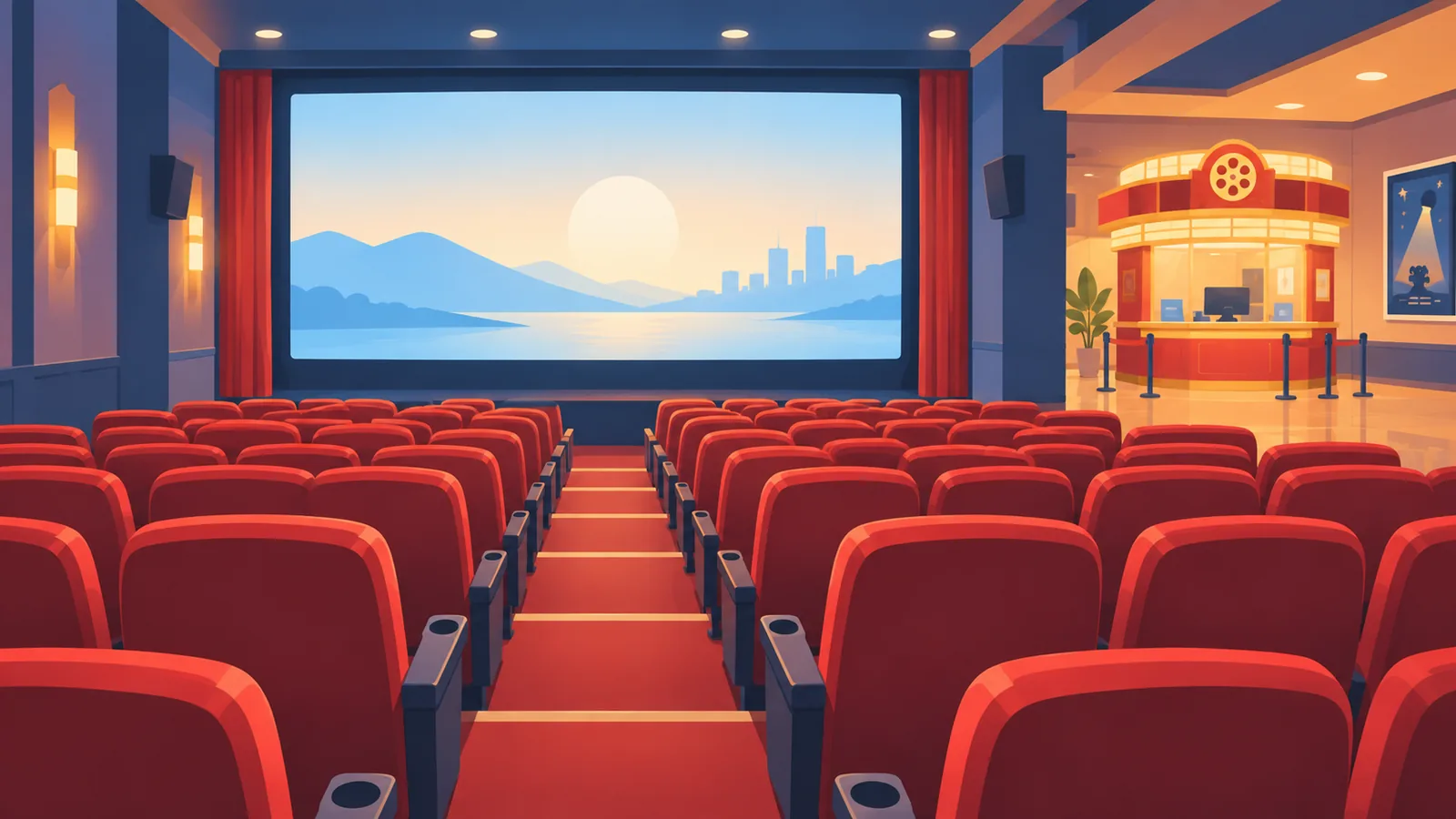 Sala de cine vacía con butacas rojas frente a la pantalla