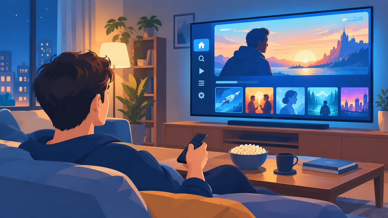 Persona viendo una película en una plataforma de streaming desde el salón