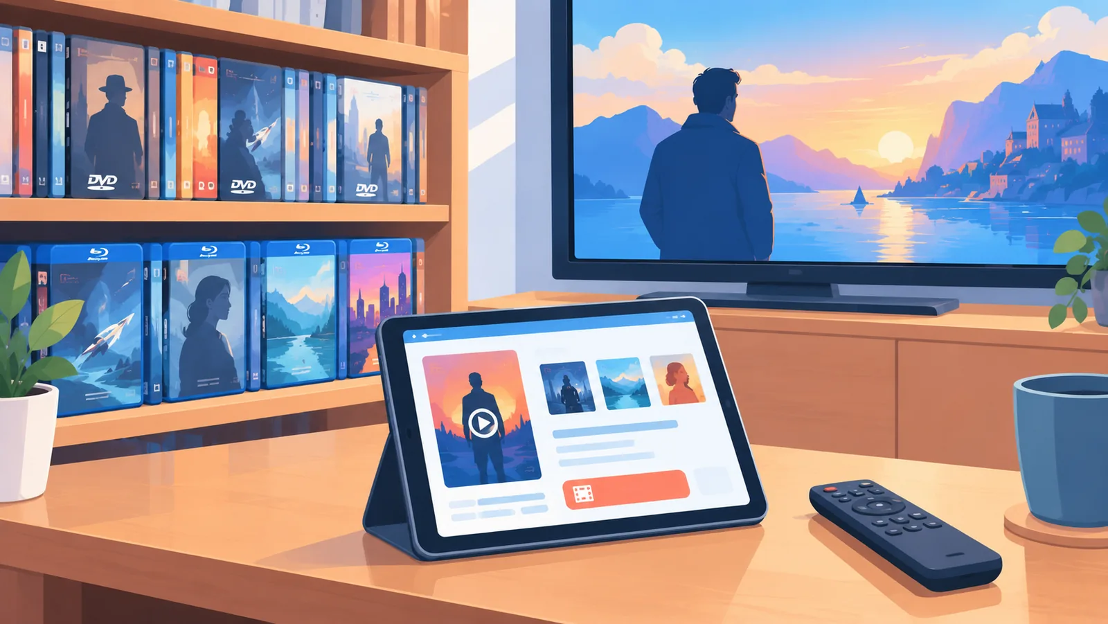 Estantería con películas en formato físico junto a una pantalla de alquiler digital