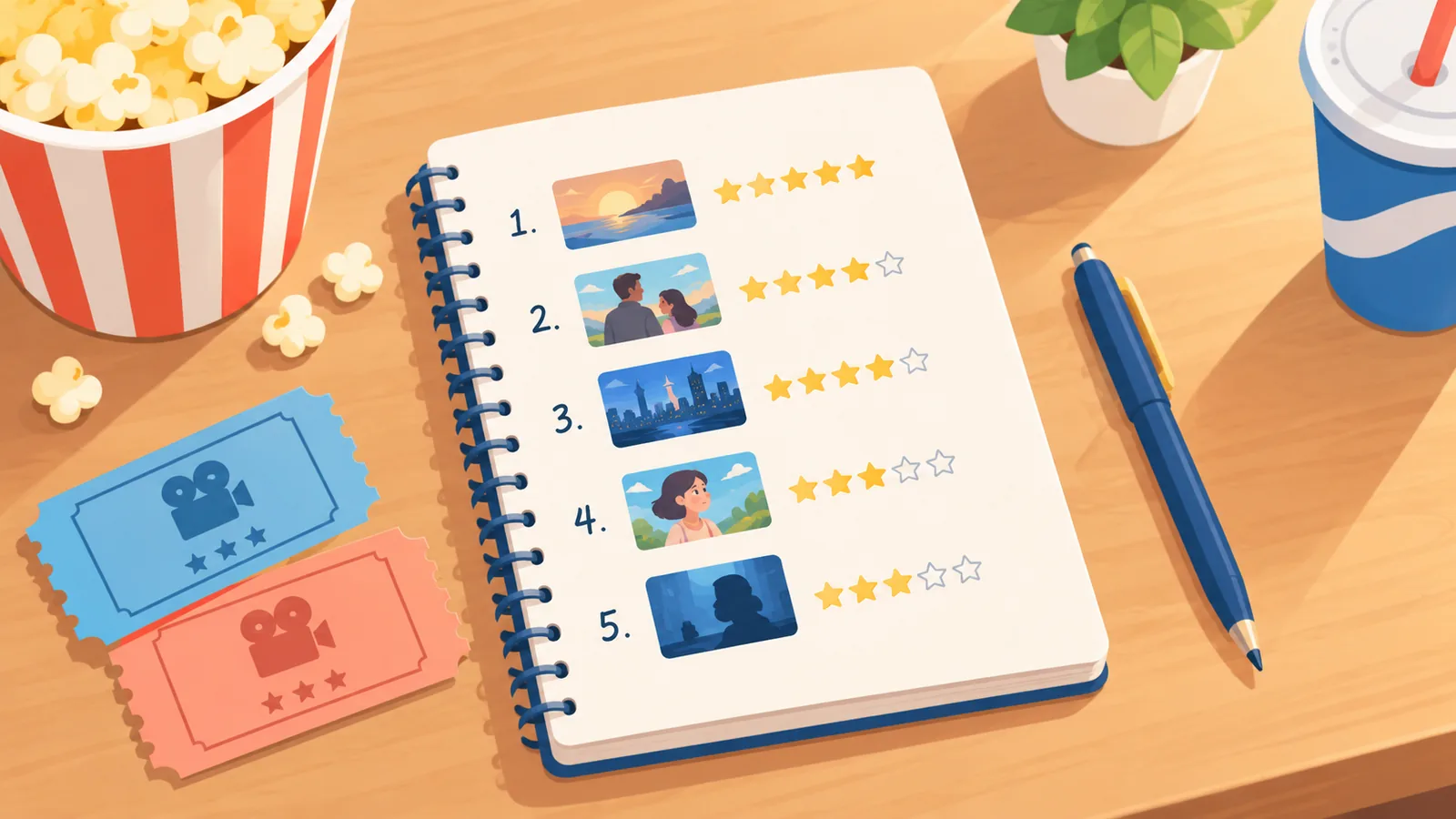 Cuaderno con criterios de selección junto a carátulas de películas