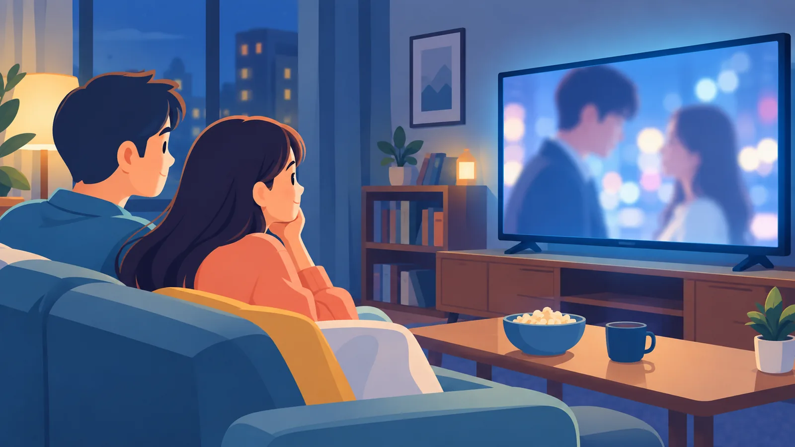 Dos adultos viendo una serie de drama en un salón con luz tenue