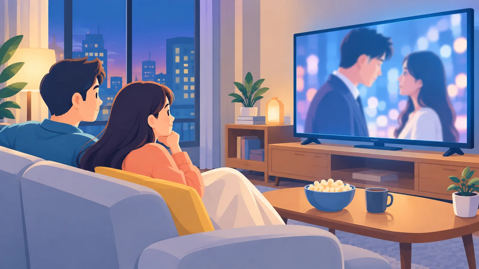 Pareja en el sofá viendo un drama de prestigio en una pantalla grande