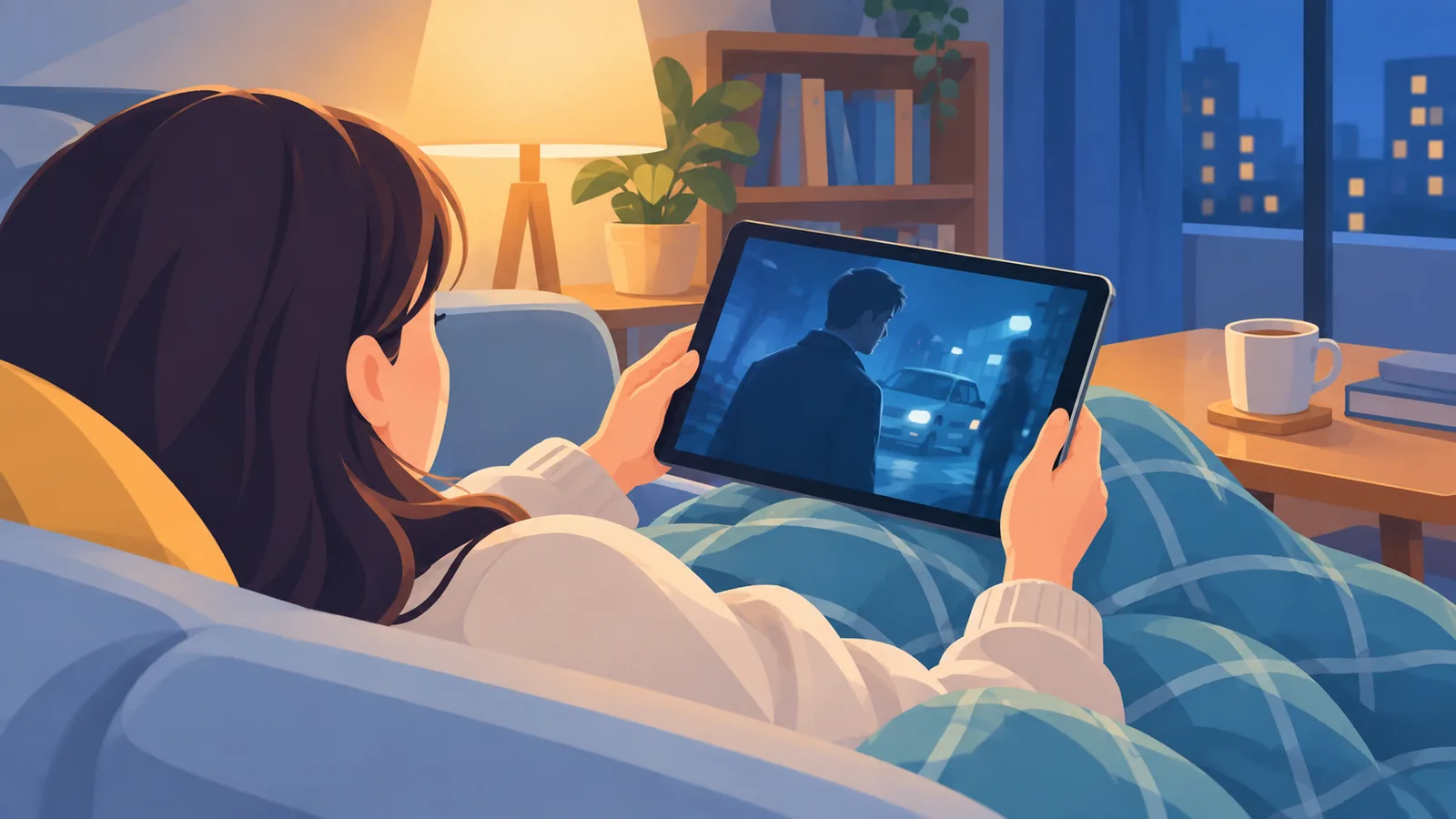 Persona con una tableta en el sofá viendo una serie policíaca