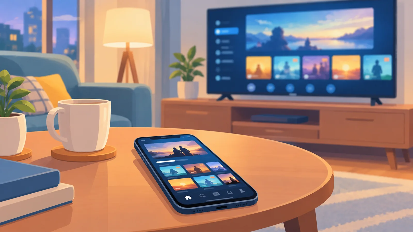 Una televisión y un móvil con menús de streaming sobre una mesa baja