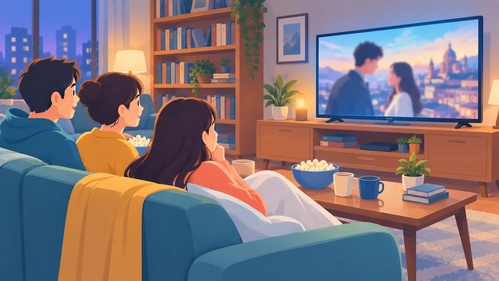 Amigos viendo una serie de ficción nacional en un salón español