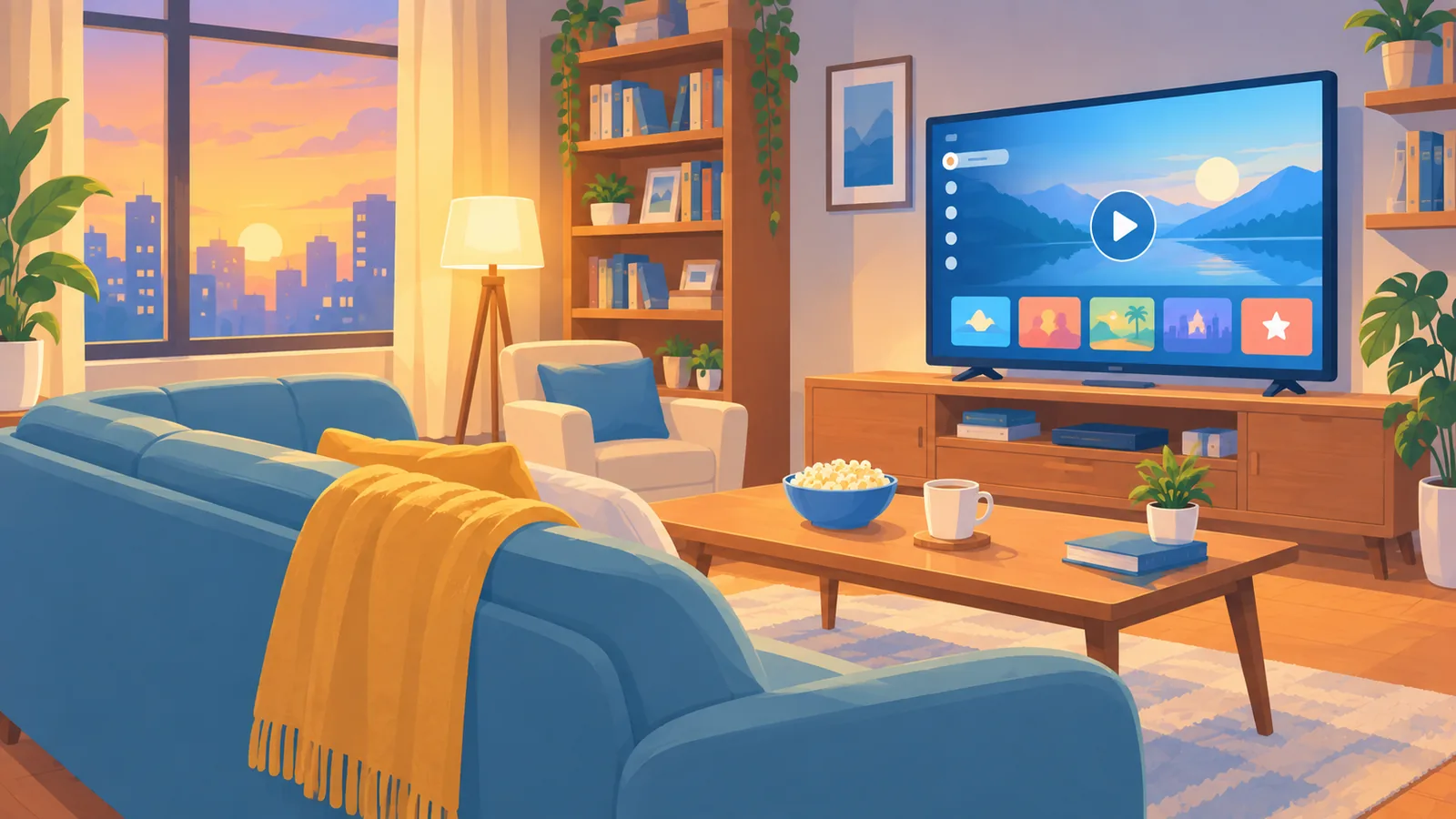 Salón al atardecer con el sofá frente a una televisión encendida lista para empezar una serie