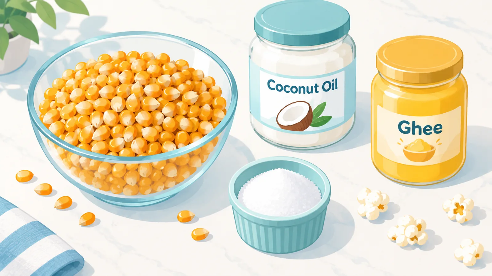 Ingredientes para palomitas: granos, aceite de coco, ghee y sal fina