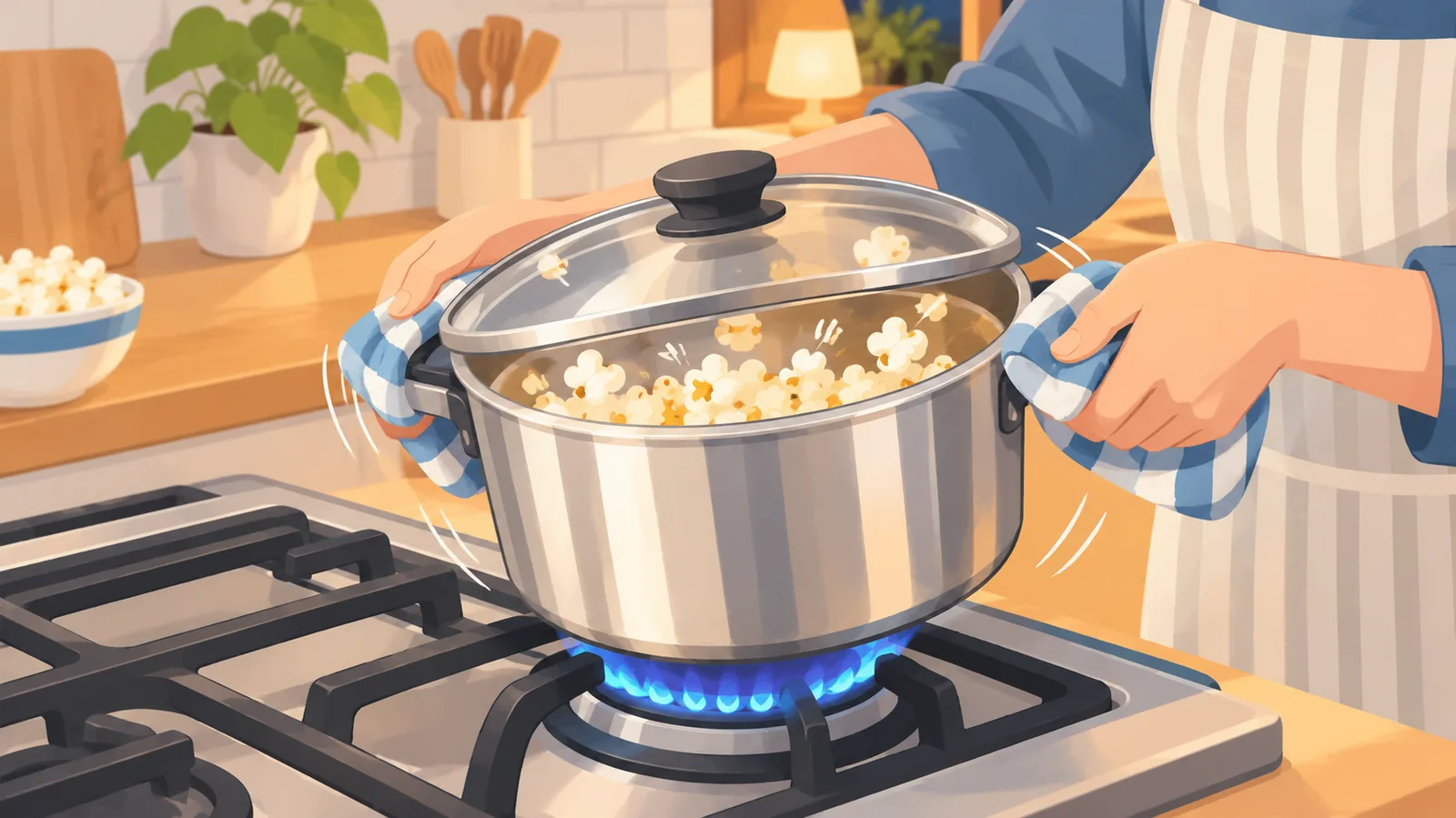 Agitando una olla tapada al fuego mientras revientan las palomitas