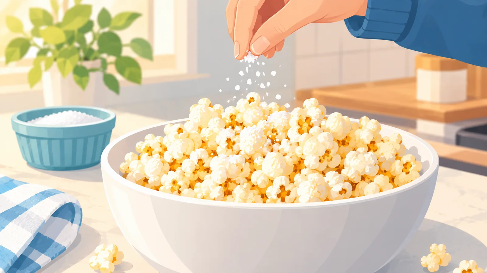 Espolvoreando sal fina sobre palomitas calientes