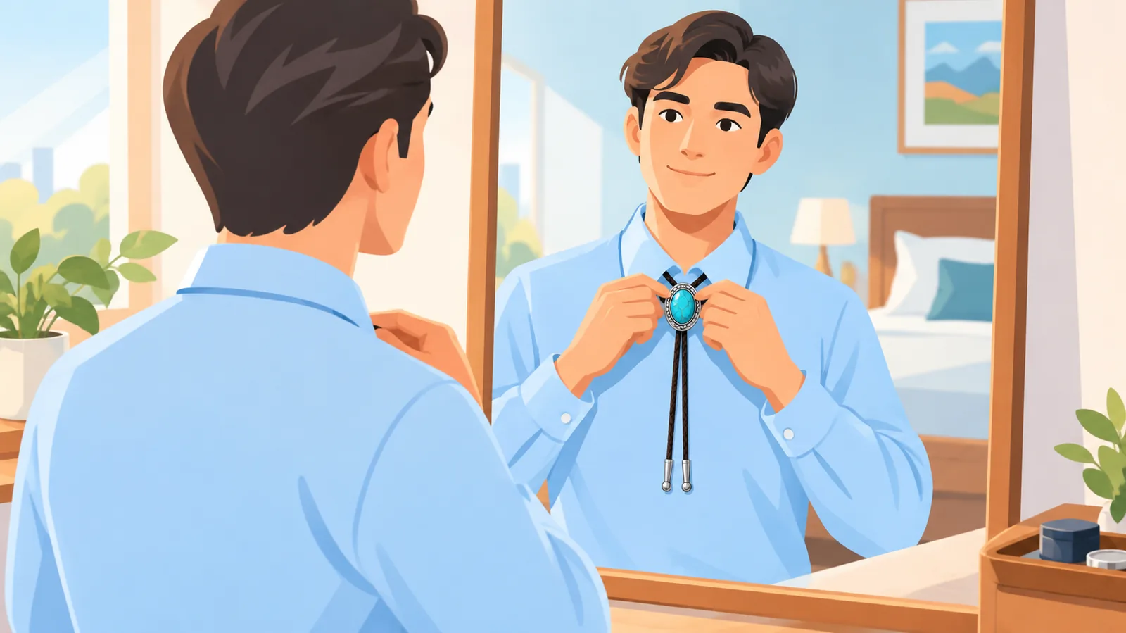 Hombre colocándose una corbata bolo frente a un espejo