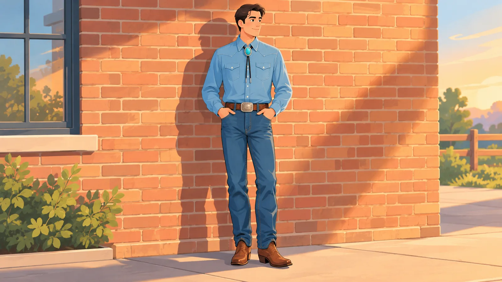 Hombre con camisa vaquera, vaqueros, cinturón de cuero y botas con corbata bolo