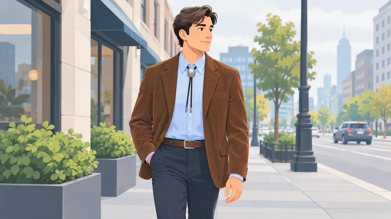 Conjunto smart casual con camisa oxford azul claro, chinos y chaqueta de pana