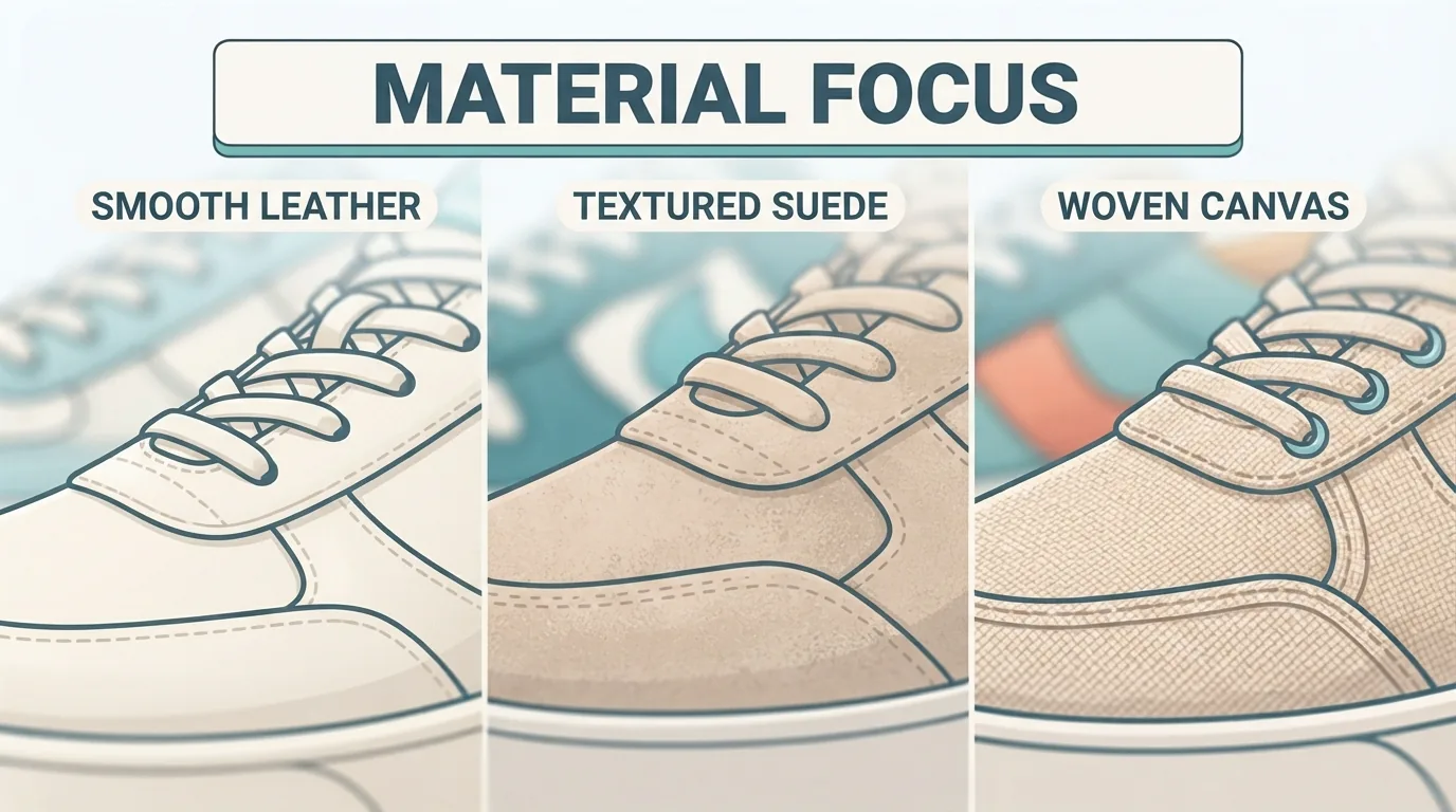 Detalle de los materiales: piel, ante y lona