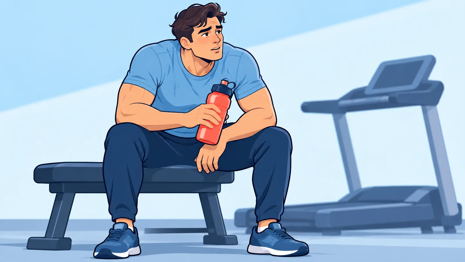 Persona descansando entre series en el gimnasio con una cinta de correr al fondo