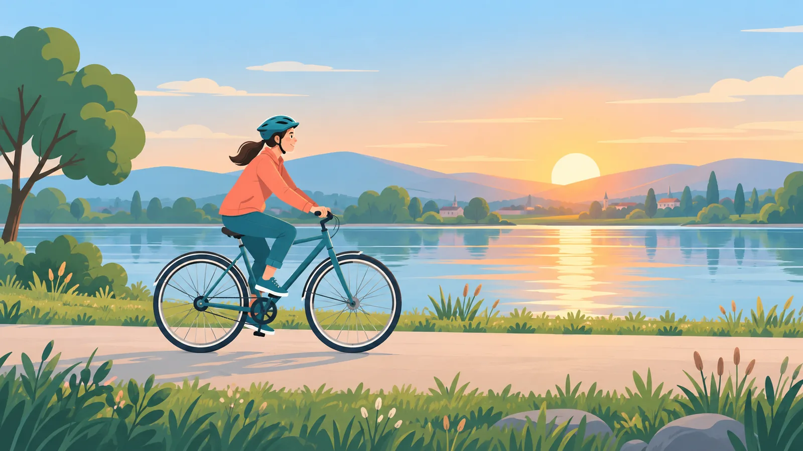 Ciclista pedaleando junto a un río al amanecer