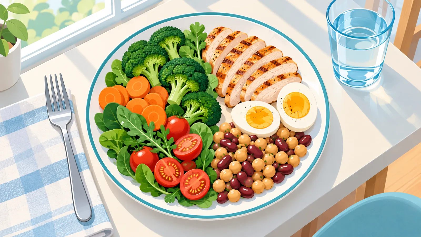 Plato equilibrado con fuentes de proteína y verduras