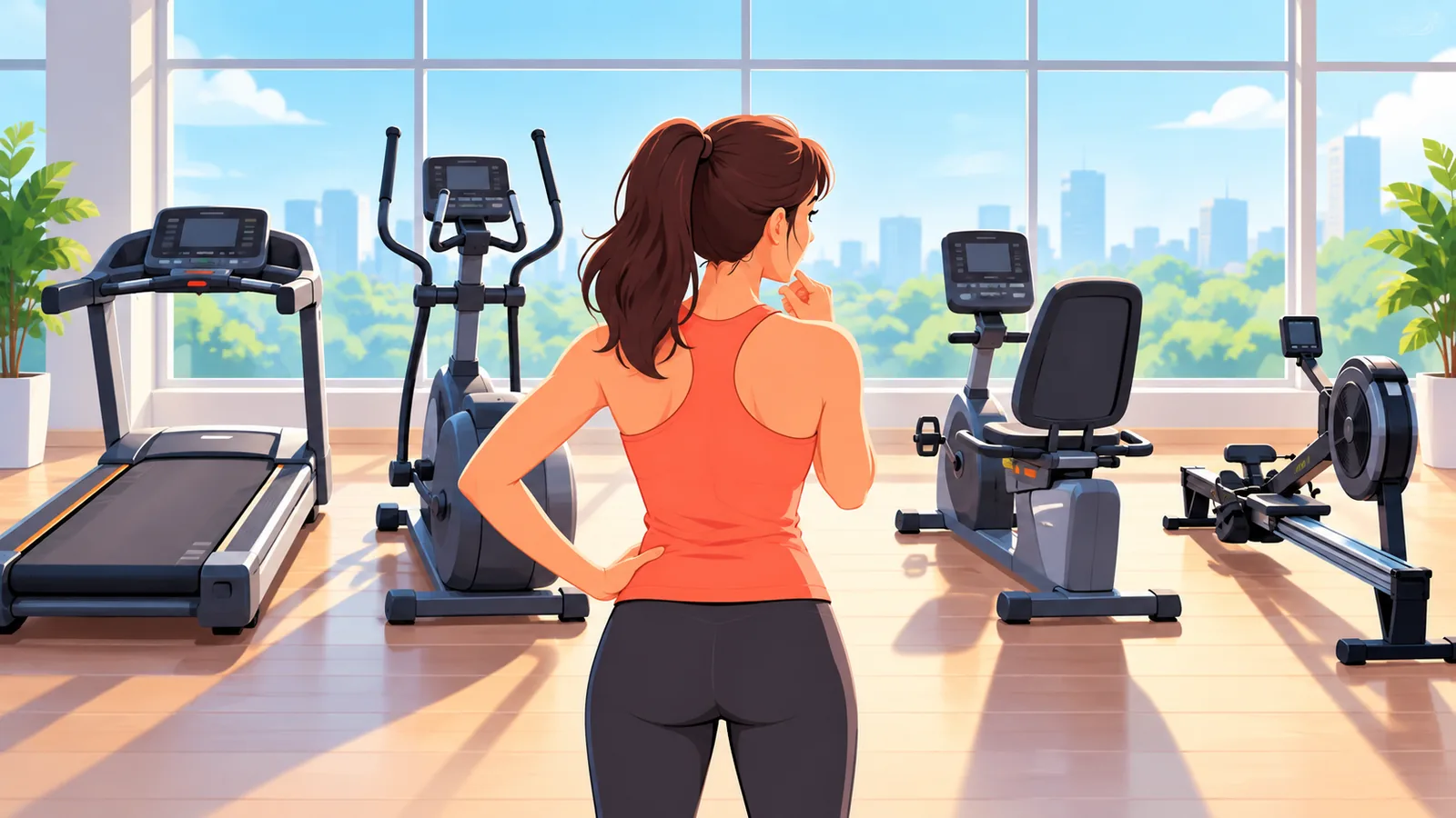 Persona decidiendo entre varias máquinas de cardio en un gimnasio luminoso