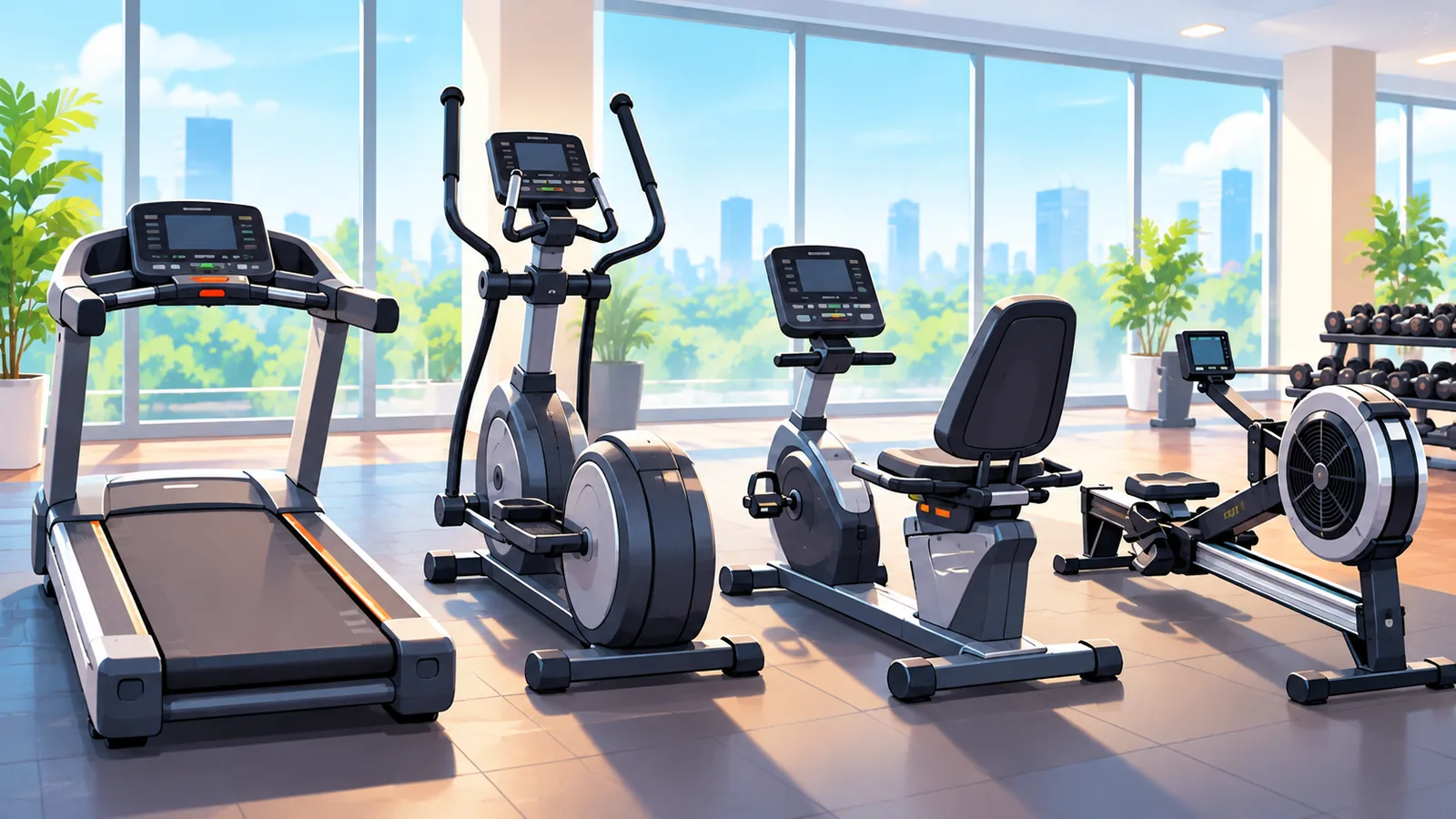 Cinta, elíptica, bici reclinada y remo alineados en un gimnasio