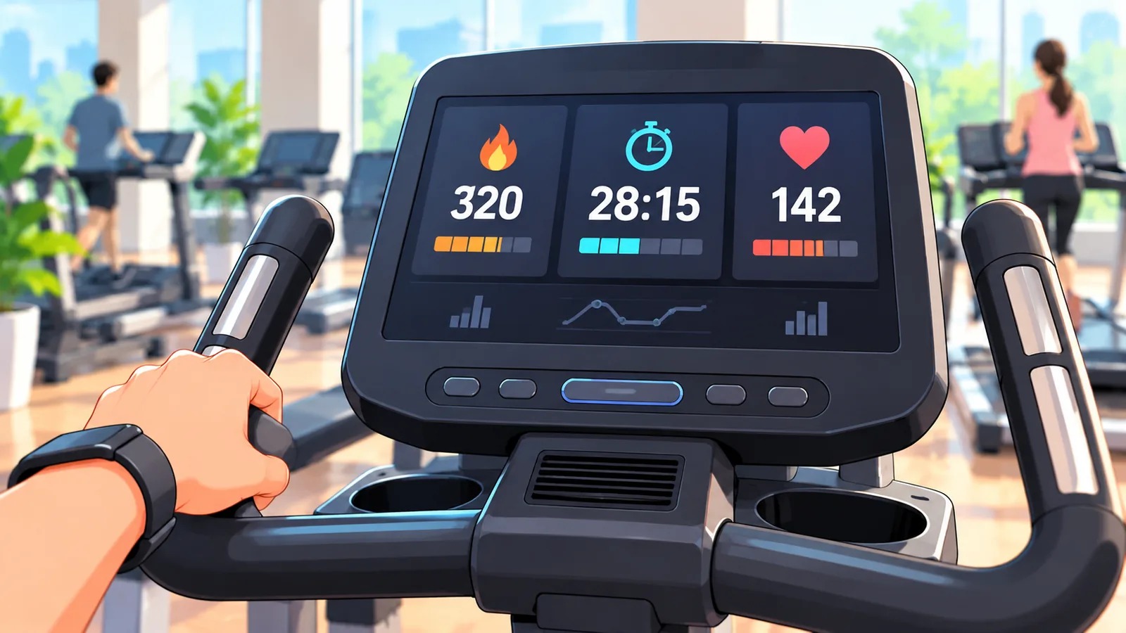 Pantalla de una máquina de cardio con una mano en el manillar