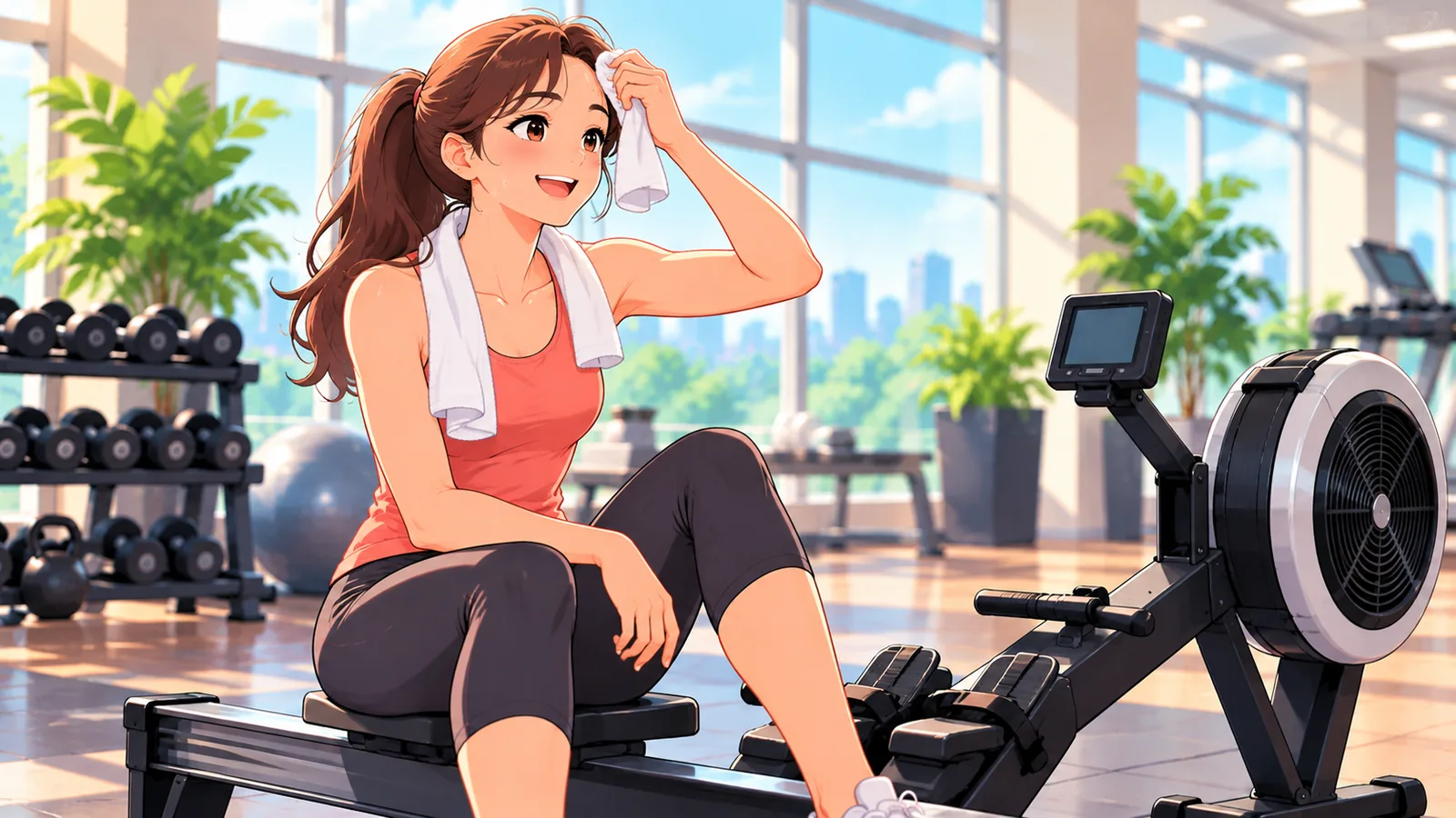 Persona sonriente junto a una máquina de remo tras entrenar