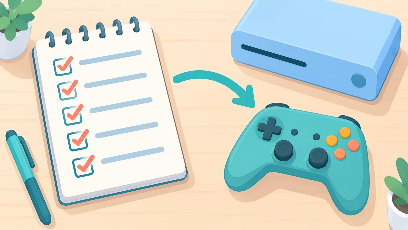 Lista de comprobación junto a una consola de videojuegos