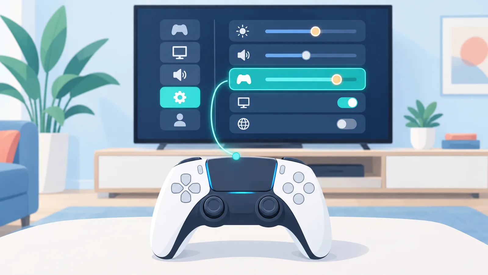 Mando de PS5 junto a la pantalla de ajustes de la consola