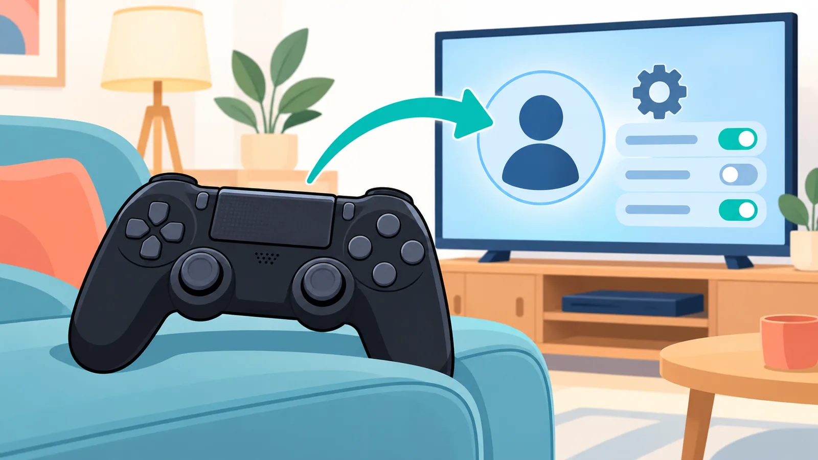 Mando de PS4 y pantalla de gestión de cuentas