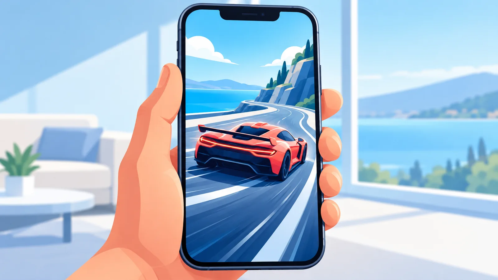 Persona sujetando un iPhone con un juego en streaming