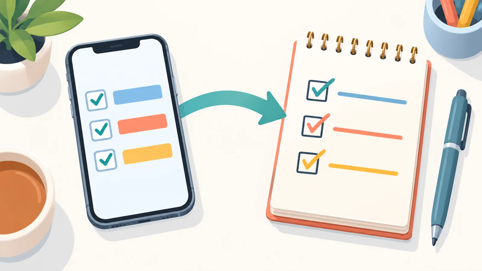Lista de requisitos junto a un iPhone sobre un escritorio