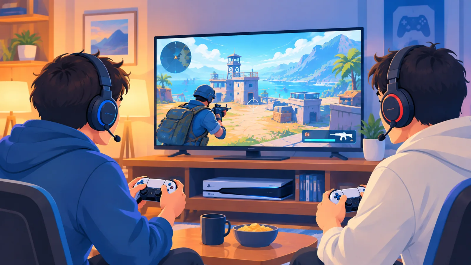 Dos amigos jugando juntos con una Steam Deck y un mando en un salón