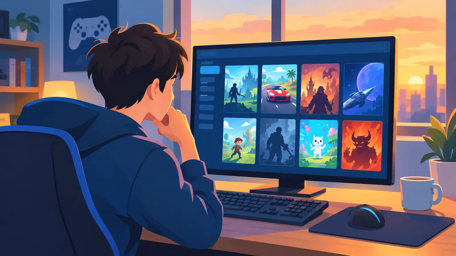 Escritorio gamer con un monitor que muestra una biblioteca de juegos