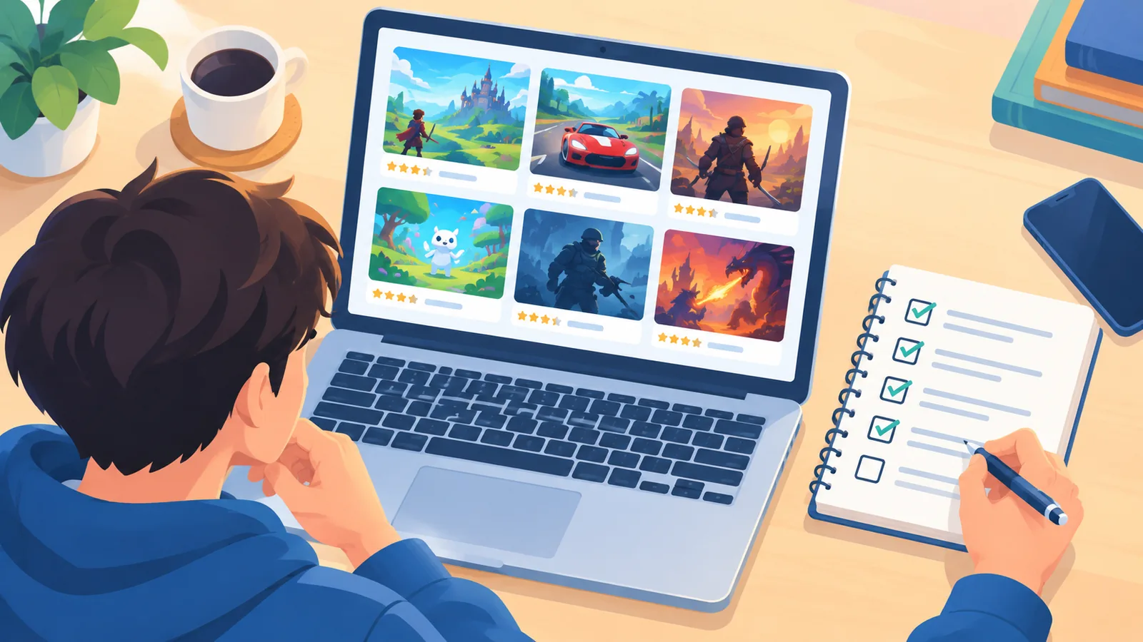 Persona comparando juegos en un portátil con una lista de criterios