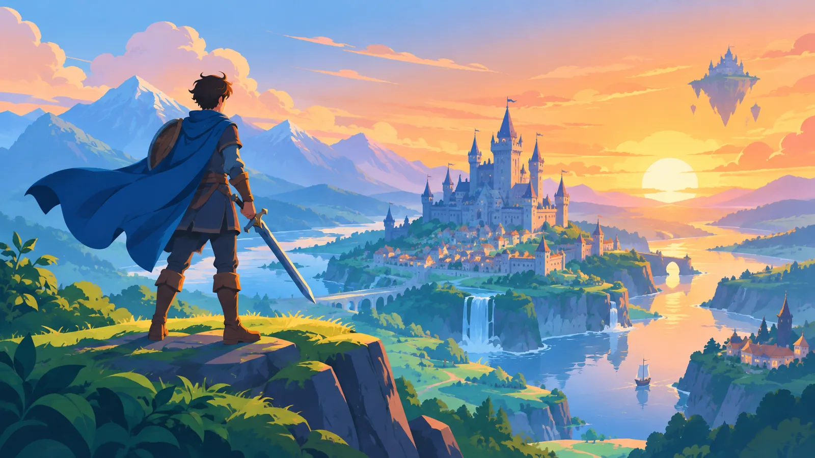 Escena de un juego de rol con un héroe frente a un paisaje al atardecer
