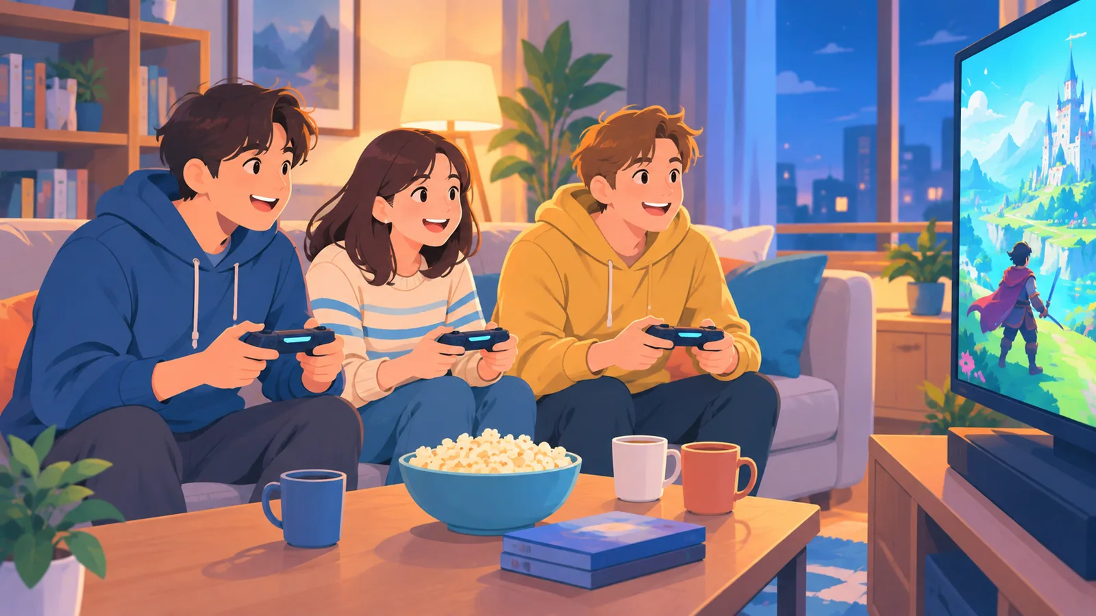 Amigos jugando juntos a un juego cooperativo en el sofá