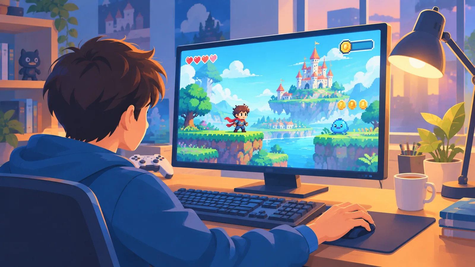 Personaje de un juego indie en estilo pixel art sobre un monitor