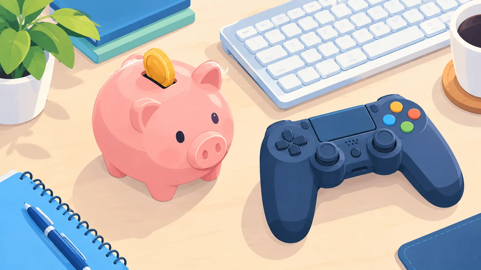 Hucha junto a un teclado y un mando de juego