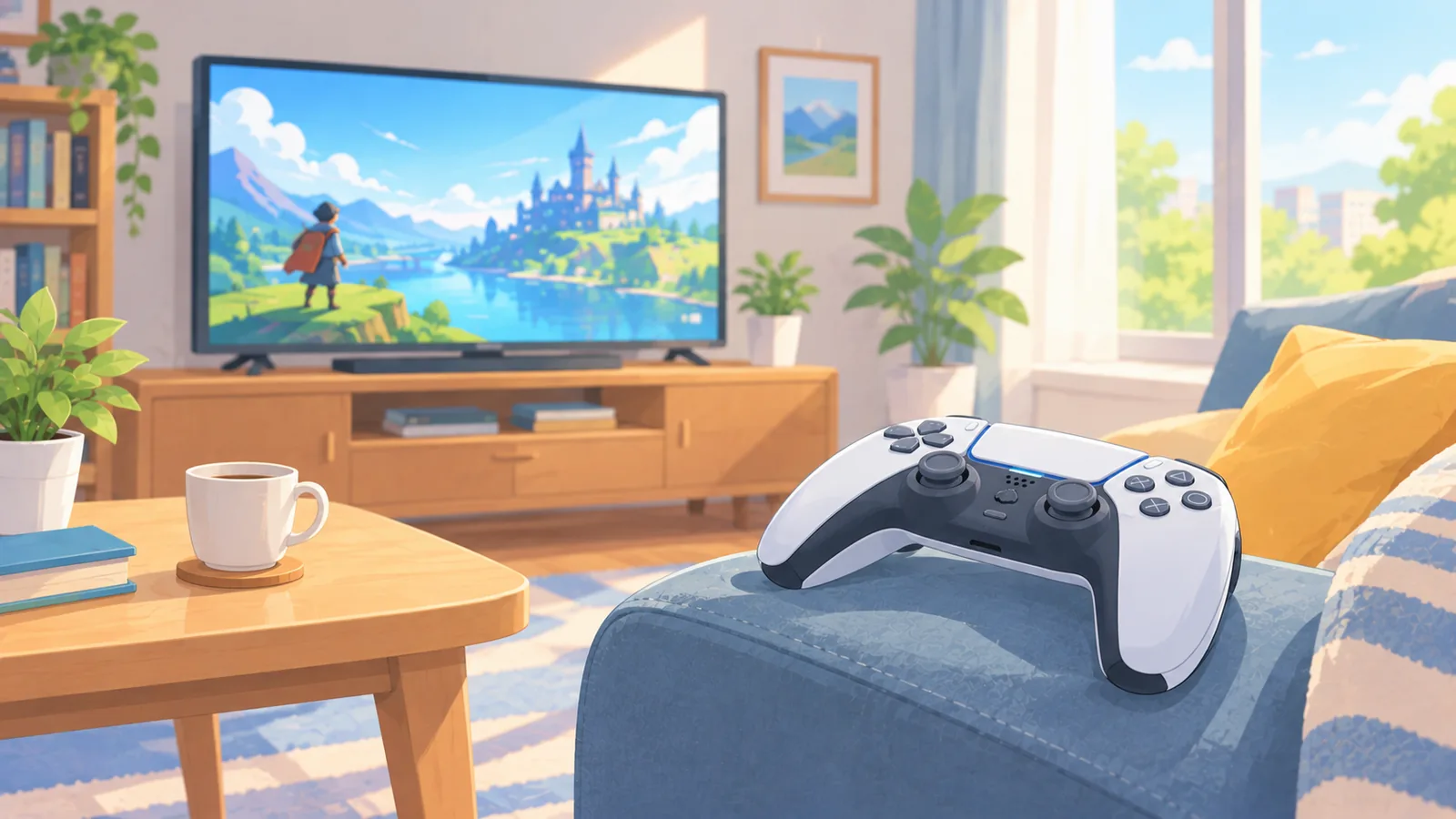Mando sobre el reposabrazos de un sofá frente a una tele con un paisaje luminoso