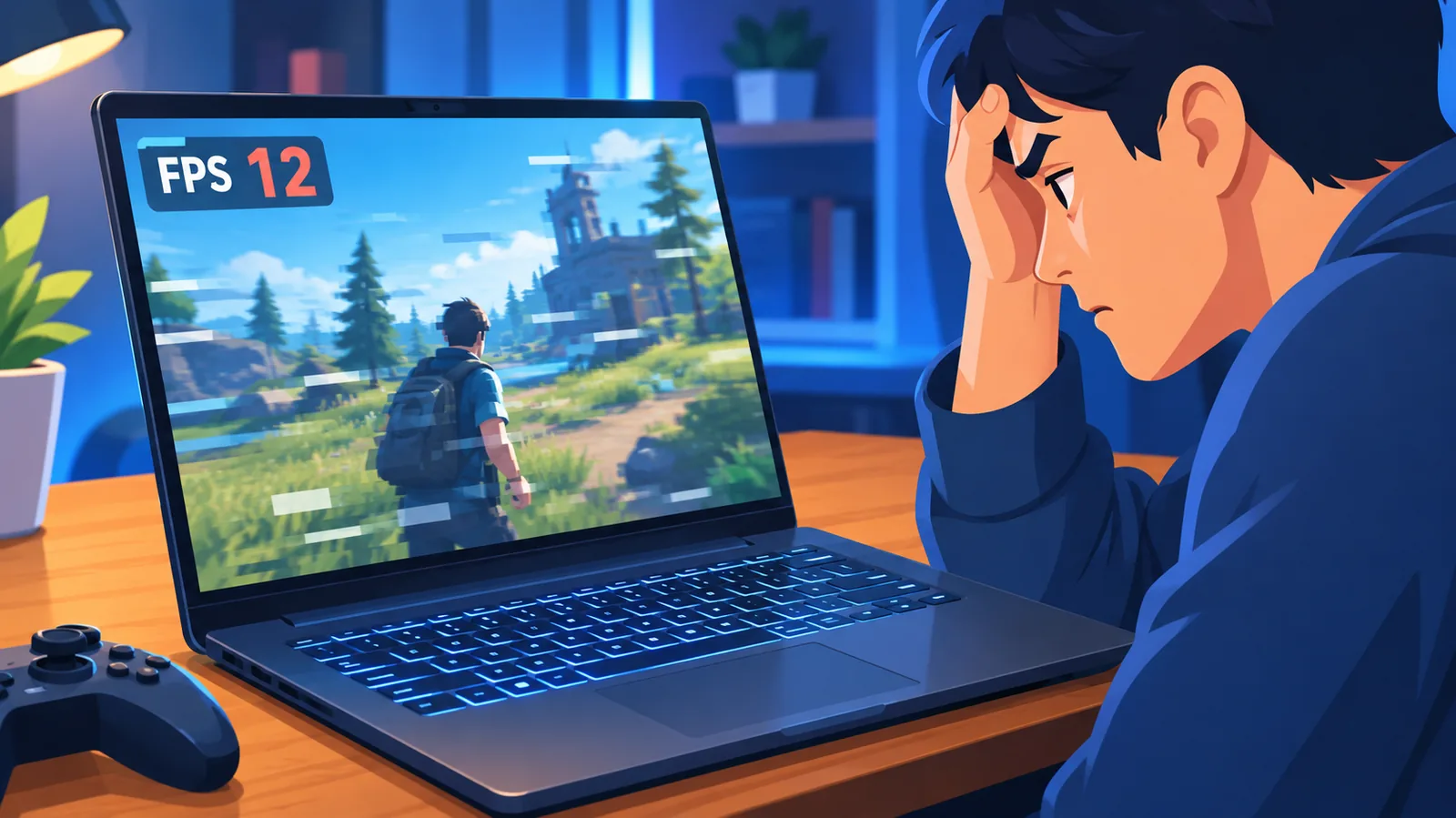 Portátil gaming con un juego que va a pocos FPS sobre un escritorio