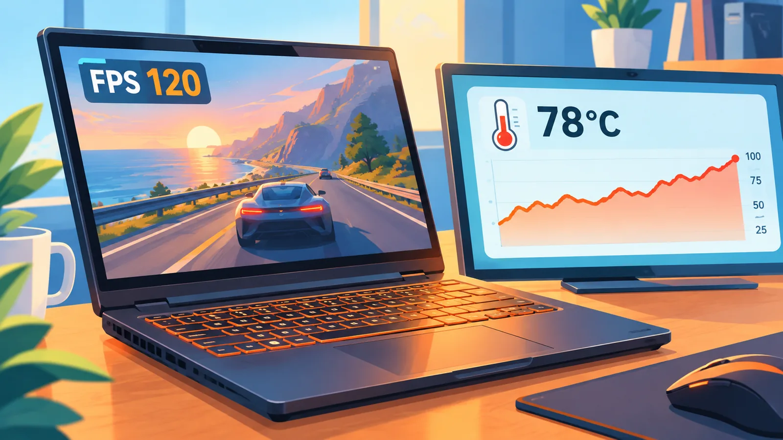 Portátil gaming caliente junto a una pantalla con gráfica de temperaturas