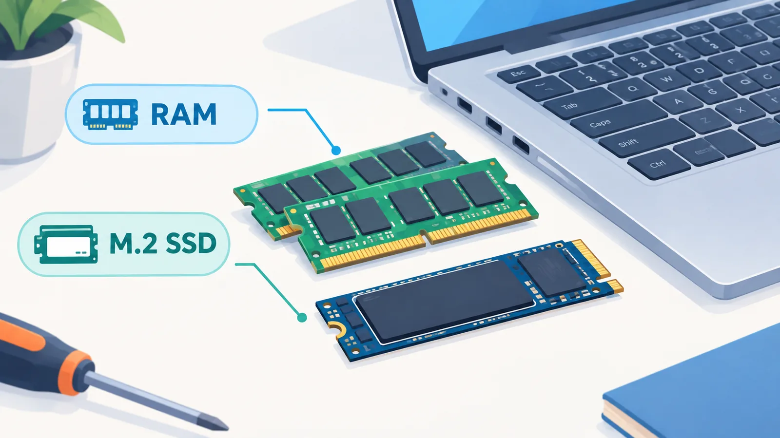 Módulos de RAM y SSD sobre una mesa junto a un portátil abierto