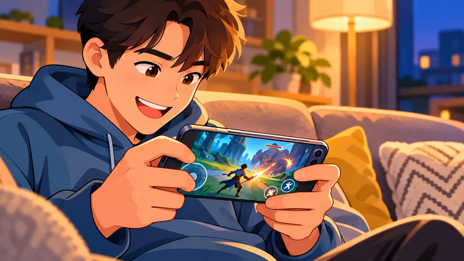 Persona jugando en un móvil Android con controles táctiles en pantalla