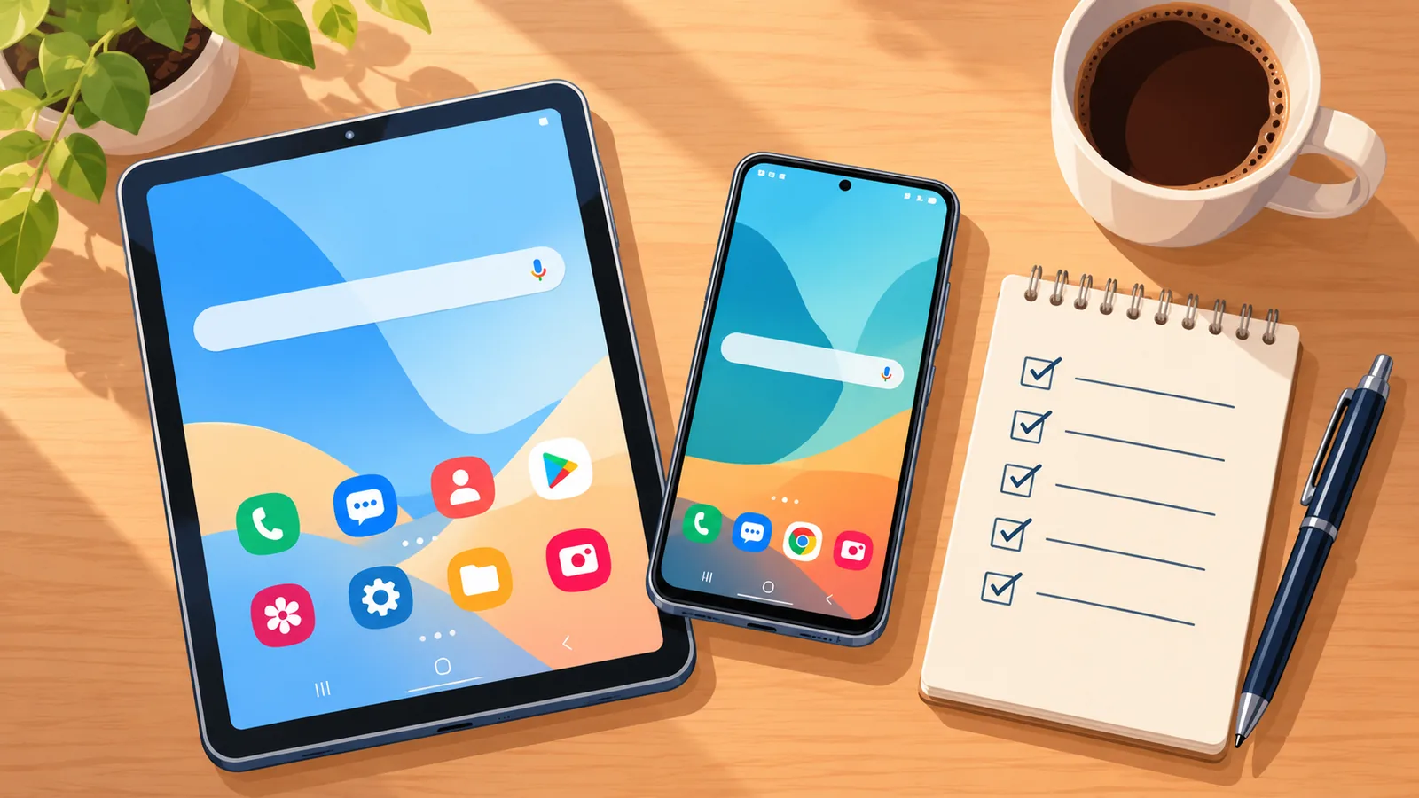 Móvil, tableta y lista de comprobación sobre una mesa