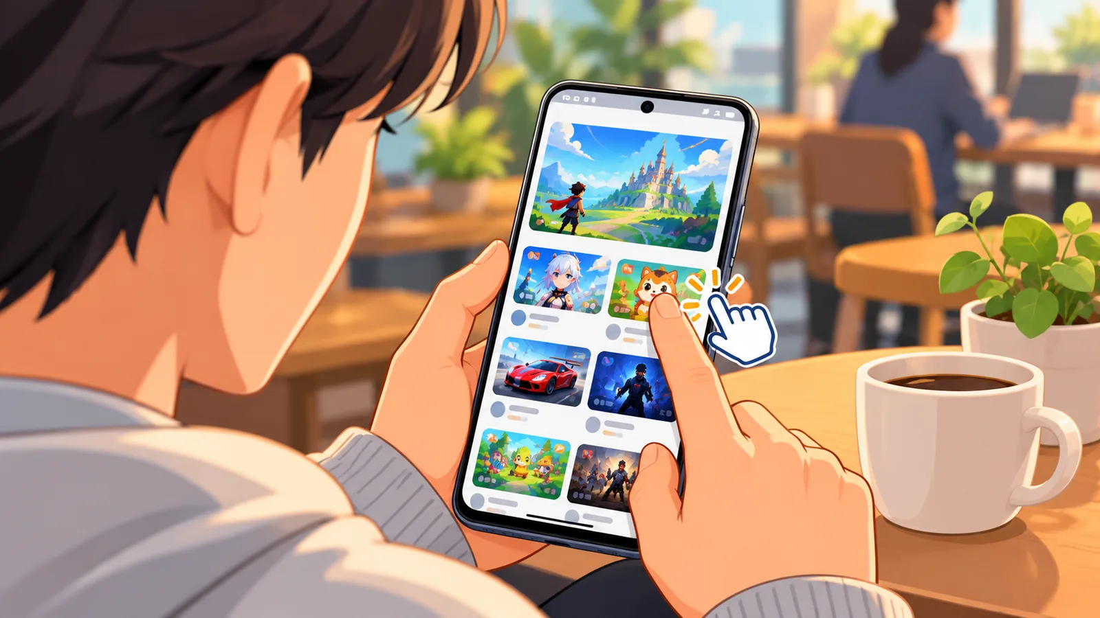 Persona buscando en el catálogo el icono táctil de un juego