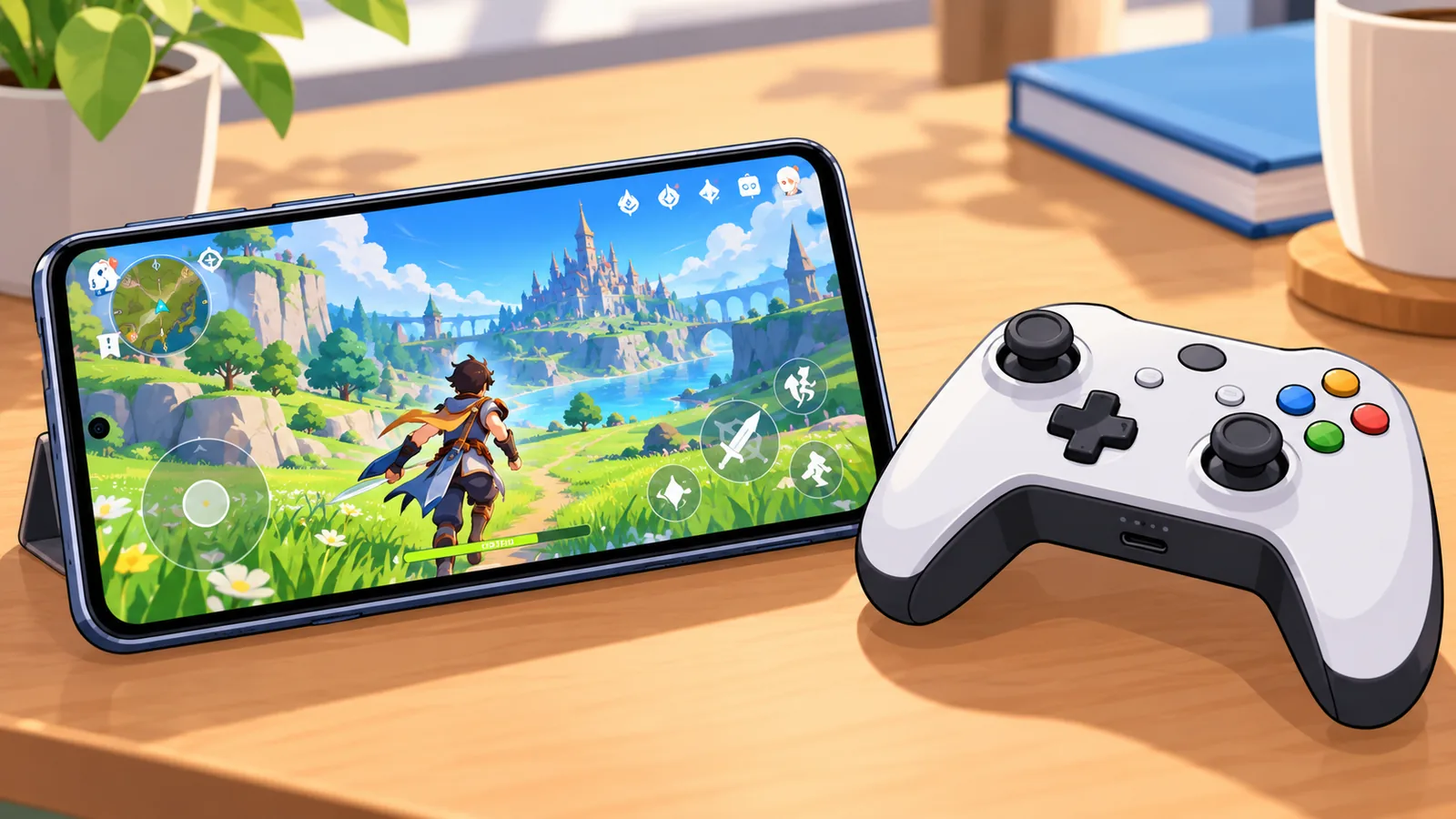 Móvil con un juego junto a un mando inalámbrico para comparar