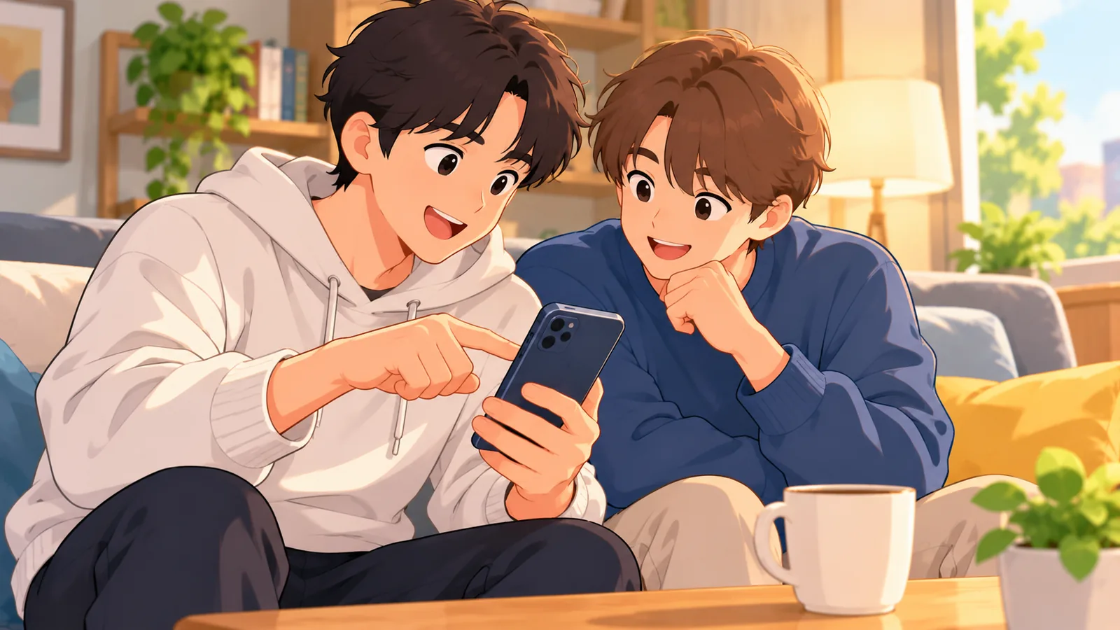 Dos amigos resolviendo dudas sobre juegos en el móvil