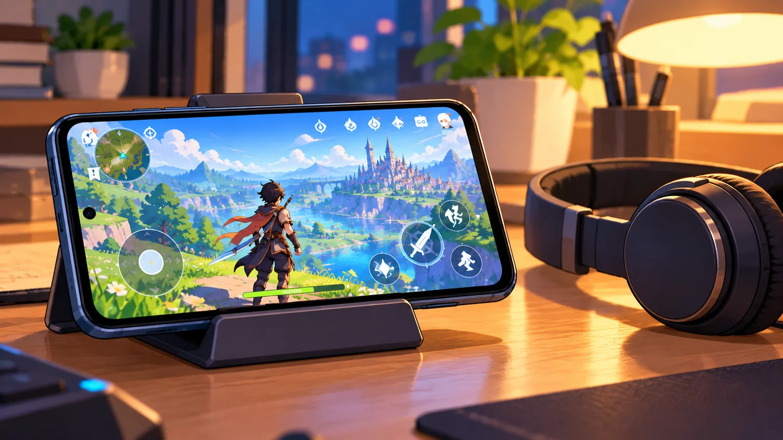 Móvil Android sobre un soporte con un juego en la nube