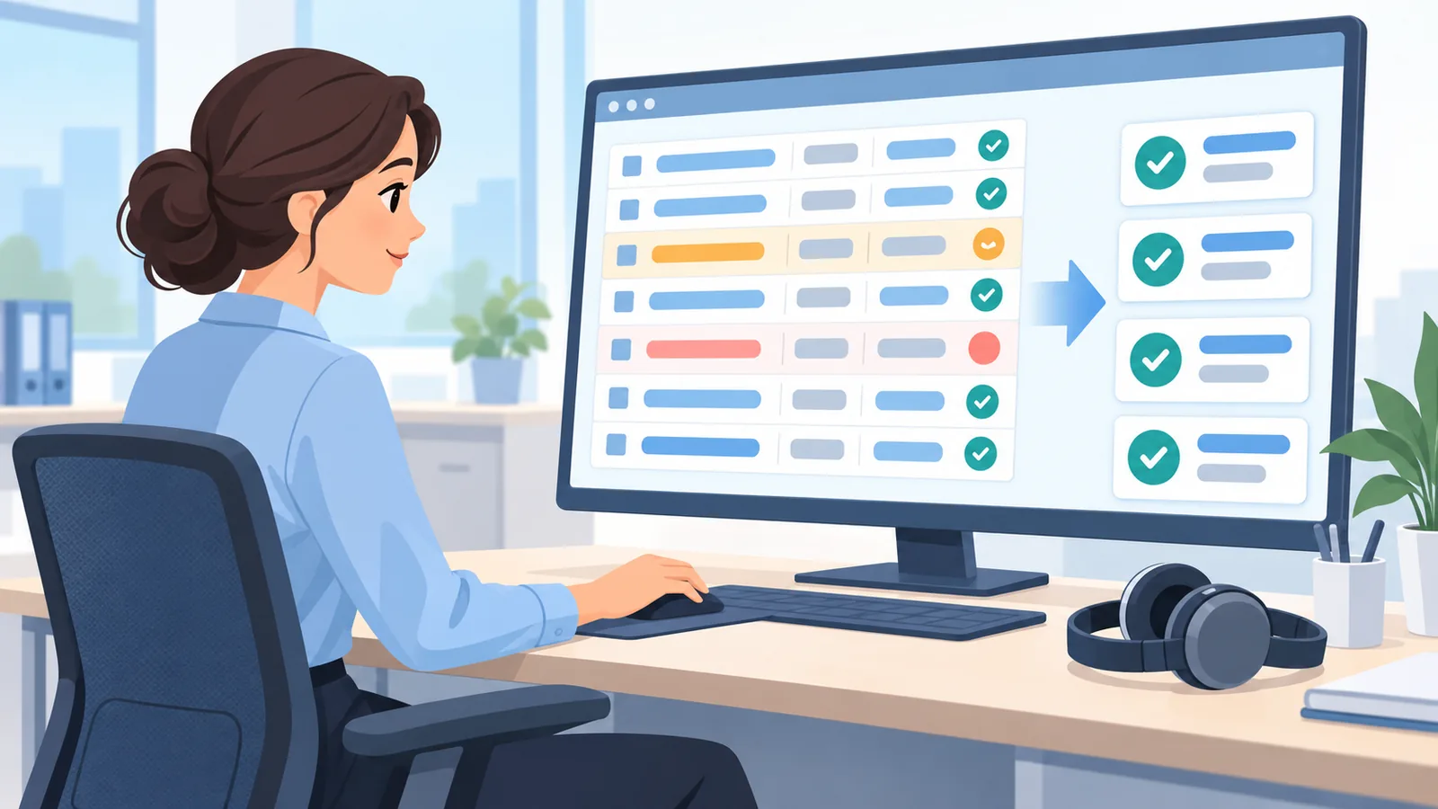 Especialista revisando datos de una reclamación electrónica en el software de facturación